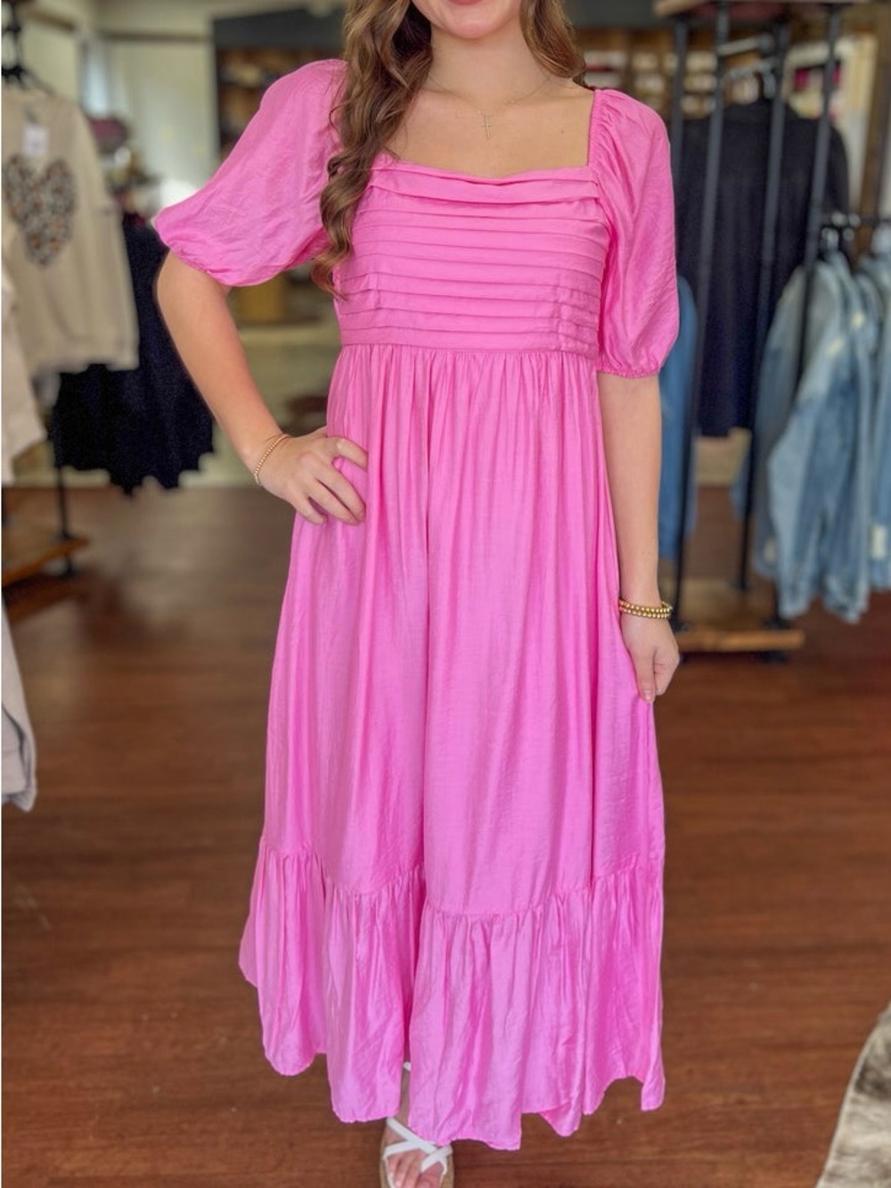 Pink square neck midi Dress with Ruffled Bodice and Puff Sleeves